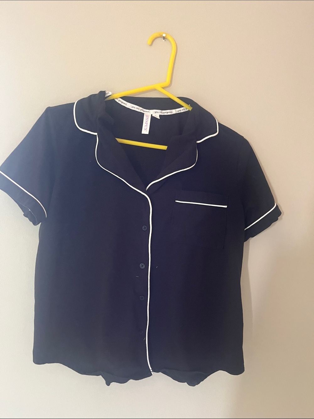 Women’s 2 piece black pj’s Short-Sleeve Button-Up Top with White Piping